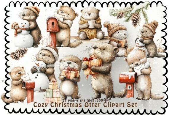 Download Cozy Christmas Otter Clipart Set - Cozy christmas Collection