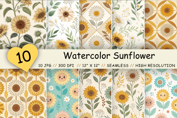 Download Watercolor Sunflower Digital Paper Pack - Digital Collection