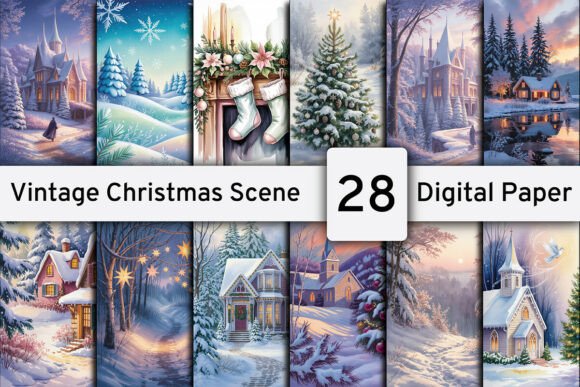 Download Vintage Christmas Scene Digital Paper - Digital Collection